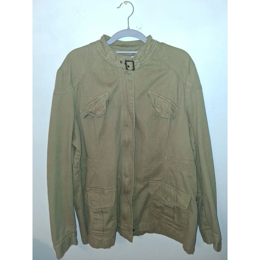 Bob Timberlake Women's Utility Military Safari Jacket Khaki Cargo Buckle Collar